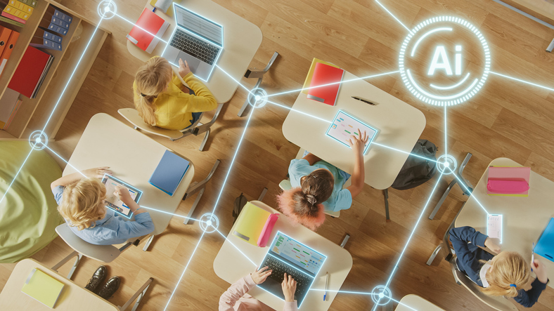 overhead view of several people at desks with a network overlay