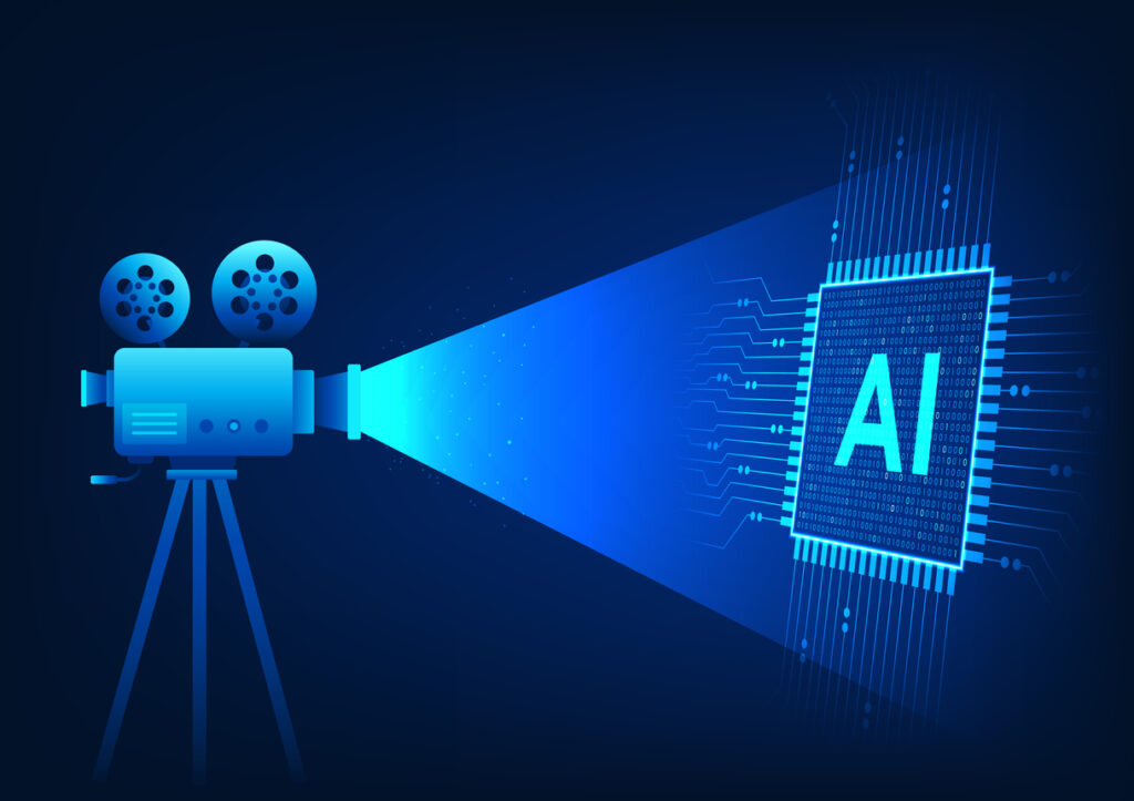 movie camera projecting an image of AI on a screen