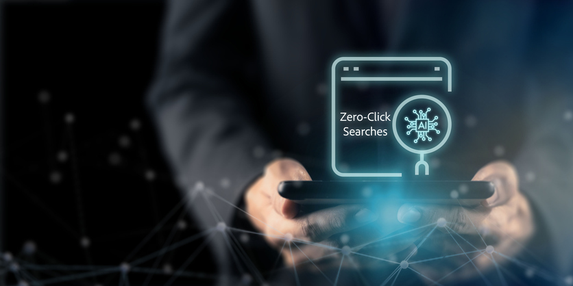 person holding a smartphone with a glowing AI interface labeled Zero-Click Searches